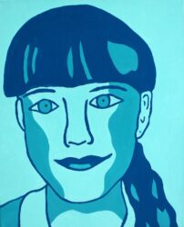 Acrylic on canvas by Carmel Michener, Year 9, Kilvington Grammar School Student artwork of a self-portrait in blue