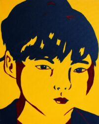 Acrylic on canvas by Miku Maruno, Year 9, Kilvington Grammar School Student artwork of a self-portrait in yellow