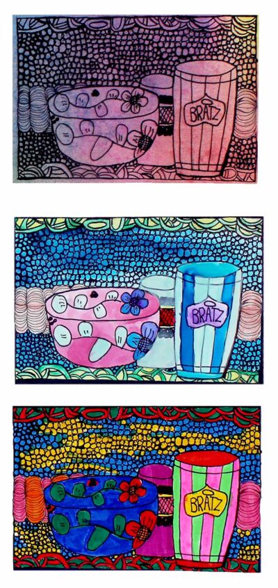 Ink and marker on acetate and paper by Kiara Devers, Year 7, Mentone Grammar Student artwork of a still life triptych