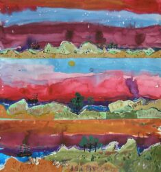 Watercolour on paper by Jake Watt, Year 4, Melbourne Montessori School Student artwork of a triptych landscape