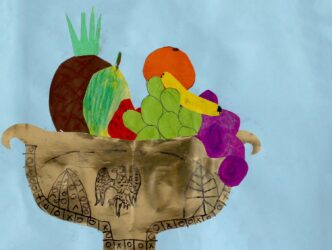 Mixed media on paper by Adam Pacak, Year 3, Melbourne Montessori School Student artwork of a fruit bowl