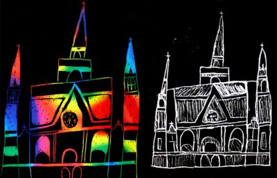 Foam print and scratchback film by Carla Haberfield, Year 2, Ruyton Girl’s School Student artwork of buildings