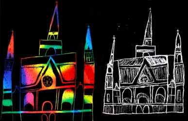 Foam print and scratchback film by Carla Haberfield, Year 2, Ruyton Girl’s School Student artwork of buildings