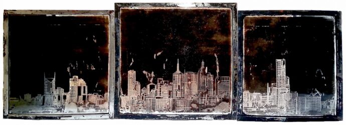 Ink on glass by Mia Raymond, Year 12, Ruyton Girl’s School Student artwork of a cityscape