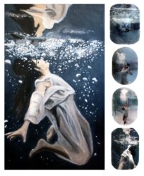 Oil on canvas and photographic print on silk by Brittany Scott, Year 12, Ruyton Girl’s School Student artwork of a girl in water