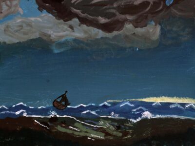 Acrylic on canvas by Ghadir Alhamani, Year 8, Sirius College Student artwork of a boat on stormy sea