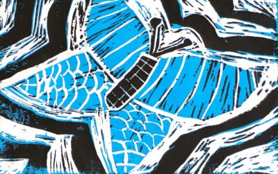 Lino cut print by Feyza Ozgun, Year 7, Sirius College Student artwork of a butterfly