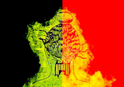 Linocut and chine colle on paper by Siobhan Joffe, Year 12, The King David School Student artwork of a barcode tattoo on a person's neck