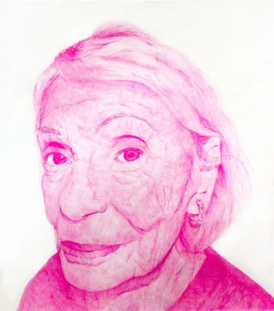 Pen on paper by Courtney Pollak, Year 11, The King David School Student artwork of a portrait of a woman in pink