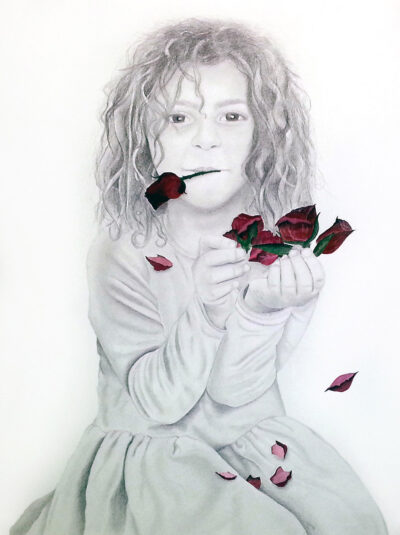 Pencil and gouache on paper by Orianne Rais, Year 11, The King David School Student artwork of a portrait of a girl with roses