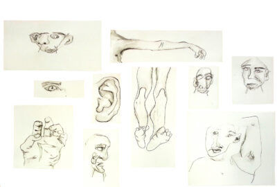 Pen and wash on paper by Bronte Apelbaum, Year 12, The King David School Student artwork of drawings of faces and body parts