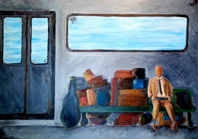 Photography by Itai Franco, Year 11, The King David School Student artwork of a man on a train with his luggage