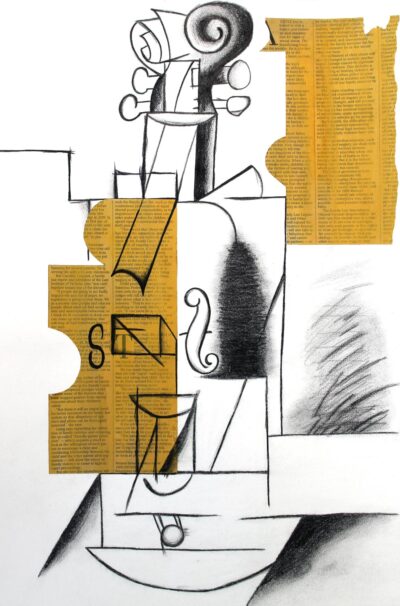 Black pencil and newspaper by Jordyn Sheldon-Collins, Year 11, Beaconhills College Student artwork of a Picasso violin