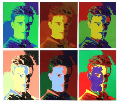 Student artwork of colourful self portraits