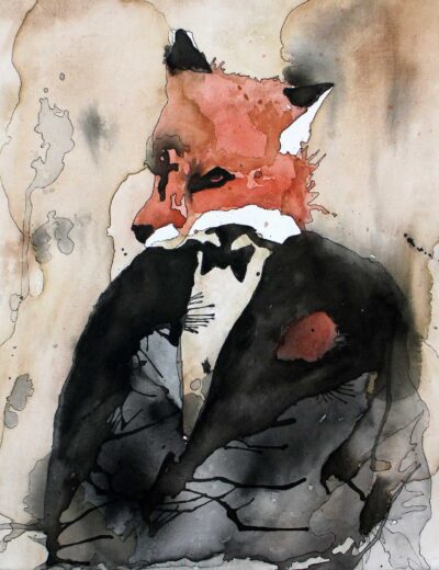 Ink and watercolour on canvas by Jacob Leenheers, Year 11, Beaconhills College Student artwork of a fox in a suit