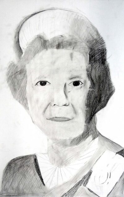 Pencil on paper by Hugo Winter, Year 8, Braemar College Student artwork of Queen Elizabeth