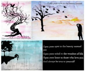 Watercolour and acrylic on canvas by Amelia Endall, Year 11, Caulfield Grammar School Student artwork of trees, birds and figures