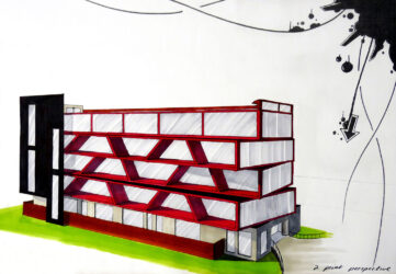 Markers on paper by Daniel Sun, Year 11, Caulfield Grammar School Student artwork of an architectural cube