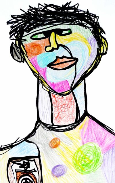 Coloured pencil and markers on paper by Michael Fagliarone, Year 7, Caulfield Grammar School Student artwork of a self portrait