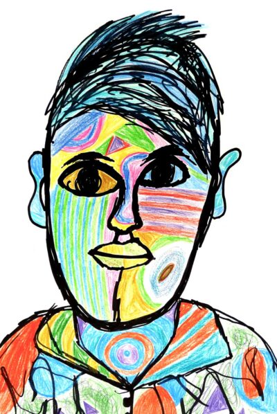 Coloured pencil and markers by Luke Pulitano, Year 7, Caulfield Grammar School Student artwork of a self portrait