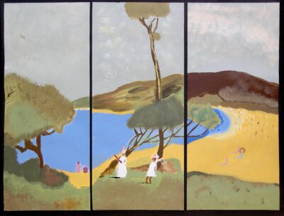 Acrylic on paper by Daniel Grzegorczyn, Tegan Ikin and Raphael Loh, Years 9 and 10, Flinders Christian Community College Student artwork of a Heidelberg School landscape