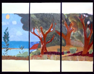 Acrylic on paper by Alister Winkel, Jack Tennant and Jordon Russell, Years 9 and 10, Flinders Christian Community College Student artwork of a Heidelberg School landscape