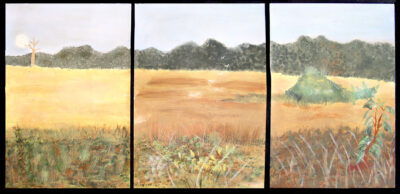 Acrylic on paper by Bryanna Moore, Holly O’Connor and Indiana Crawford, Years 9 and 10, Flinders Christian Community College Student artwork of a Heidelberg School landscape