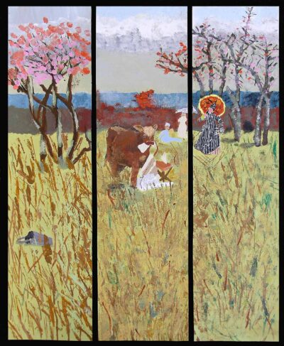 Acrylic on paper by Andrew Magaldi, Chloe Taylor and Shane Collins, Years 9 and 10, Flinders Christian Community College Student artwork of a Heidelberg School landscape