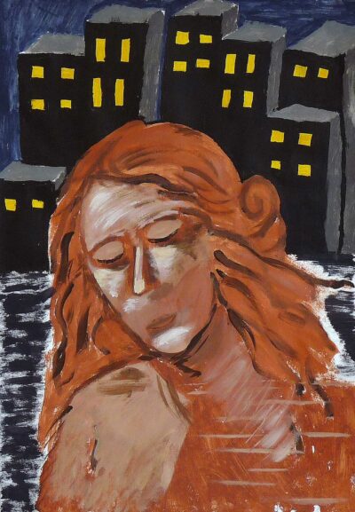 Acrylic on paper by Amy Payette, Year 8, Flinders Christian Community College Student artwork of a woman with a cityscape background