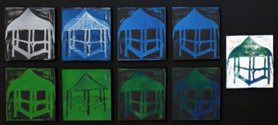 Lino cut print on paper by Erika Kyle, Year 12, Genazzano FCJ College Student artwork of a lino cut beach hut