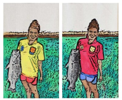 Coloured lino cut print by Grace Bin Swani, Year 11, Genazzano FCJ College Student artwork of coloured lino print of a girl holding a fish