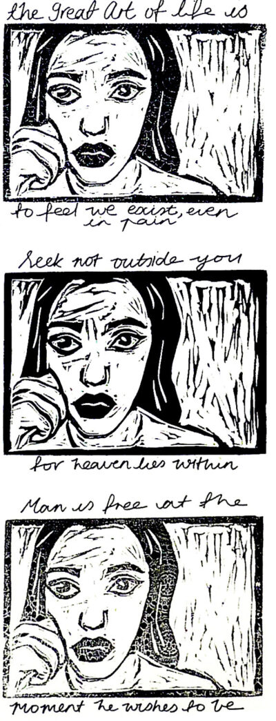 Lino cut print with mixed media by Theresa Carroll, Year 11, Genazzano FCJ College Student artwork of a comic panel of a girl