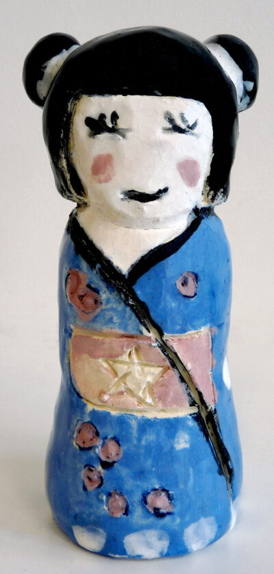 Glazed earthenware by Yi Xie, Year 7, Genazzano FCJ College Student artwork of a Kokeshi doll