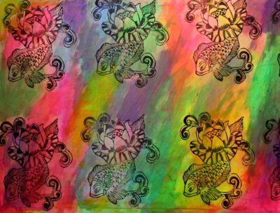 Lino cut print on canvas by Grace BinSwani, Year 11, Genazzano FCJ College Student artwork of fish and flower stencil on colourful background
