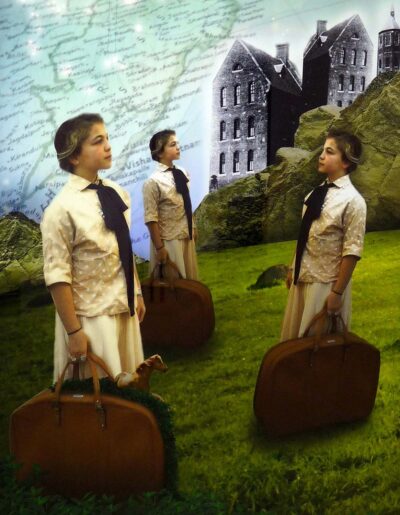 Digital collage by Natalie Chiodo, Year 12, Genazzano FCJ College Student artwork of girls holding suitcases looking into the distance