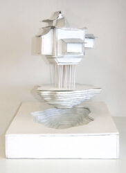 Pasteboard, PVA and spray paint by Brian Choo, Year 12, Geelong Grammar School Student artwork of a building adrift