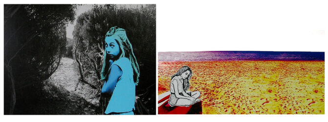 Inkjet print on paper by Chloe Lynch, Year 12, Geelong Grammar School Student artwork of a girl in duo tone background