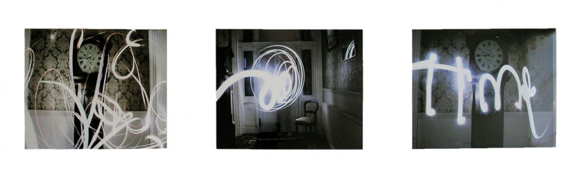 Photographic prints on paper by Claire Moore, Year 12, Geelong Grammar School Student artwork of three images of a period room lit up by streaks of light