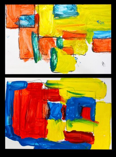 Acrylic on paper, a group project by Prep students, Hume Anglican Grammar Student artwork of colourful geometric shapes