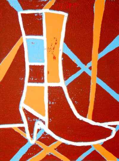 Mono print on paper by Oliver Tapp, Year 8, Ivanhoe Grammar School Student artwork of a boot in brown