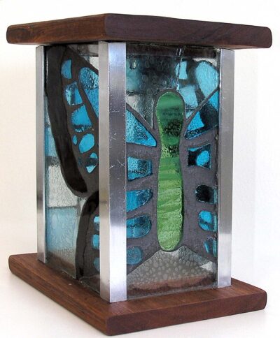 Glass, wood and lamp base by Tia Brullo, Year 9, Ivanhoe Grammar School Student artwork of a butterfly lamp