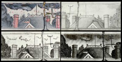 Mixed media on paper by Annie Douglas, Year 10, Ivanhoe Grammar School Student artwork of rooftops drawing
