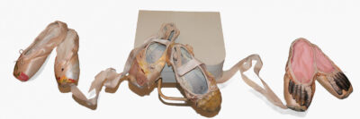 Ballet shoes and mixed media by Kimberley Sandmann, Year 12, Ivanhoe Grammar School Student artwork of used pointe shoes