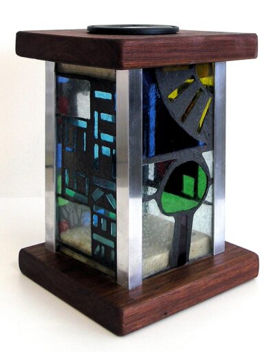 Glass, wood and lamp base by Jonathan Lim, Year 9, Ivanhoe Grammar School Student artwork of a mosaic lamp