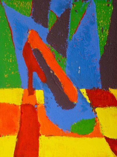 Mono print on paper by Audrey Walsh, Year 8, Ivanhoe Grammar School Student artwork of a multi-coloured show