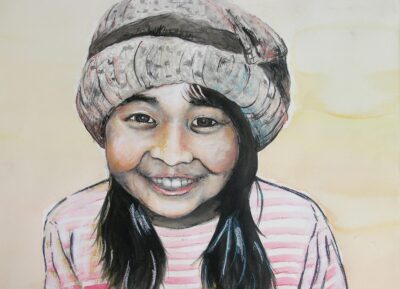 Watercolour and pastel on paper by Risako Sadamichi, Year 12, Ivanhoe Grammar School Student artwork portrait of a girl