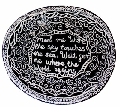 Glazed earthenware by Eden Gilligan, Year 10, Ivanhoe Grammar School Student artwork of a scraffito plate