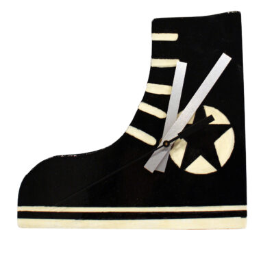 Wood and enamel paint by James Dennis, Year 8, Ivanhoe Grammar School Student artwork of a shoe clock