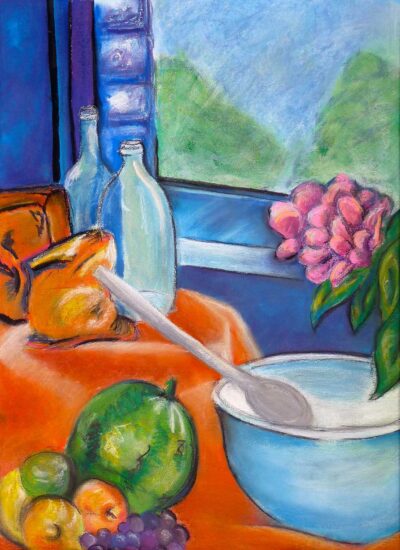 Pastel on paper by Chelsea Kilikidis, Year 11, Ivanhoe Grammar School Student artwork still life in blue