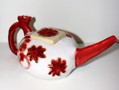 White earthenware and glaze by Jack Styles, Year 10, Mentone Grammar Student artwork of a teapot